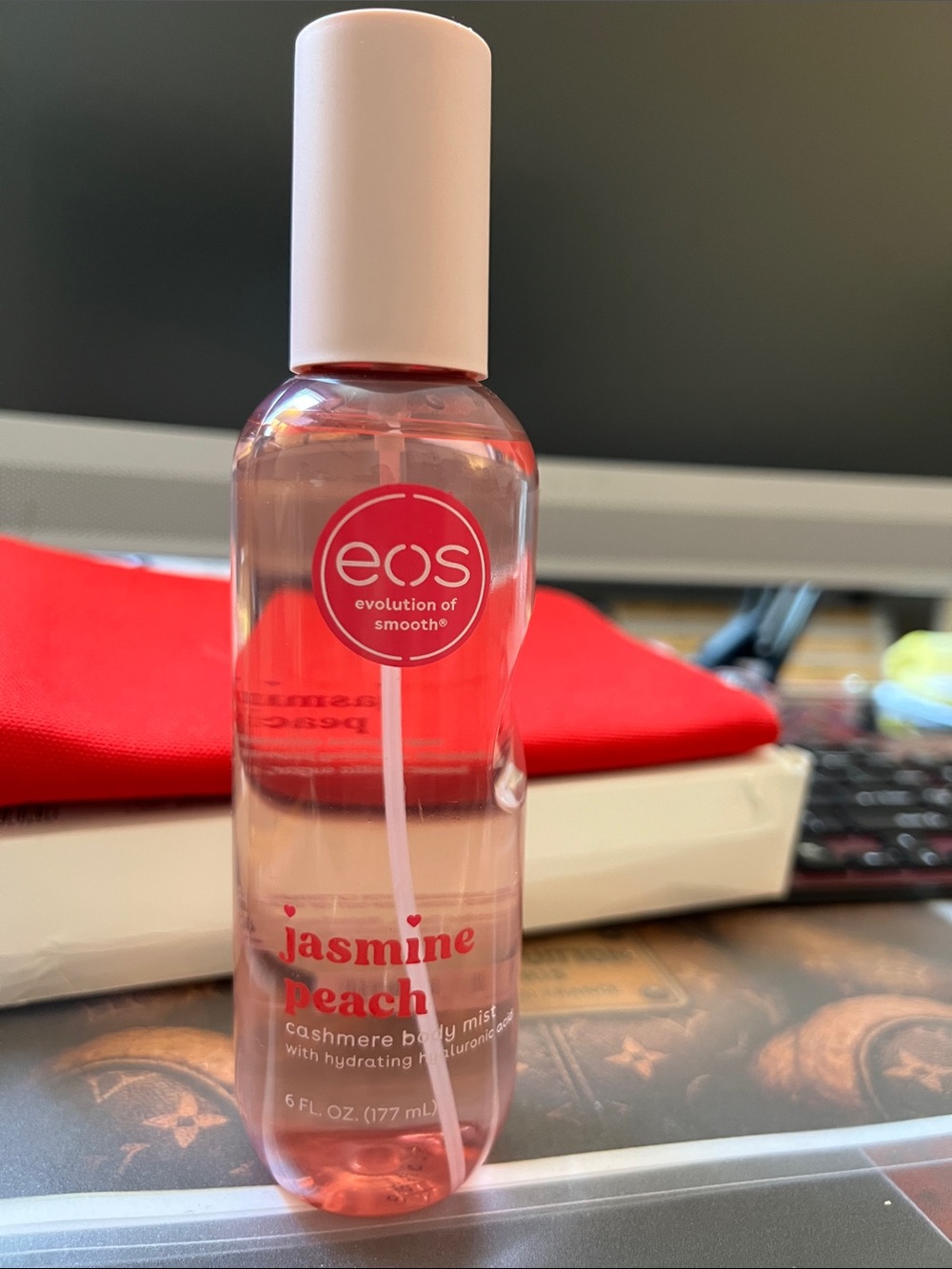 eos Jasmine Peach Cashmere Body Mist — Light Pink Bottle